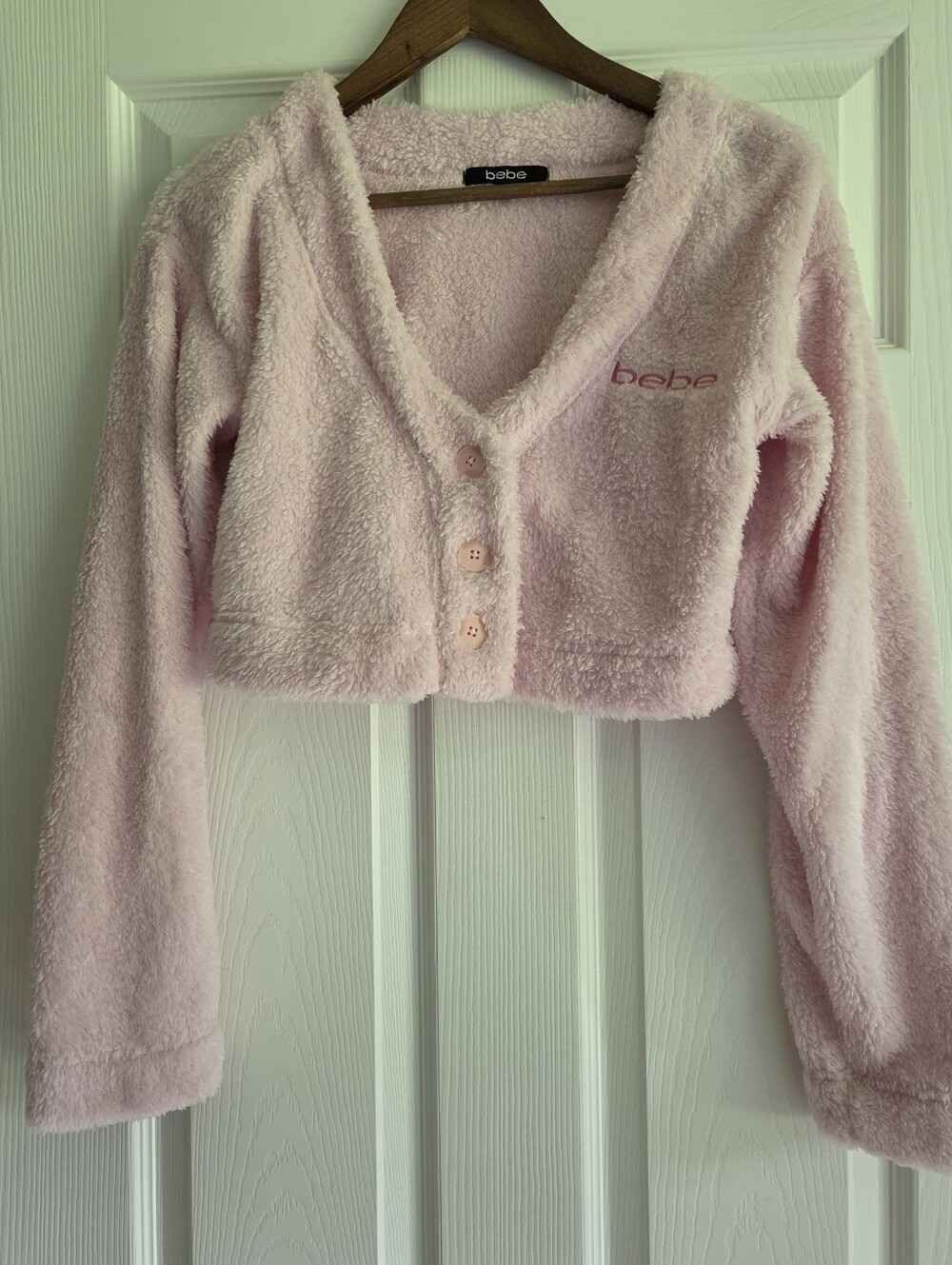 Bebe Pink Fuzzy Fleece Cropped Button Front Cardigan Sweater Size S